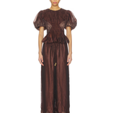 Burgundy Ophelia lace top and pants set with puffed sleeves and pleated details — Aje | Endless UAE
