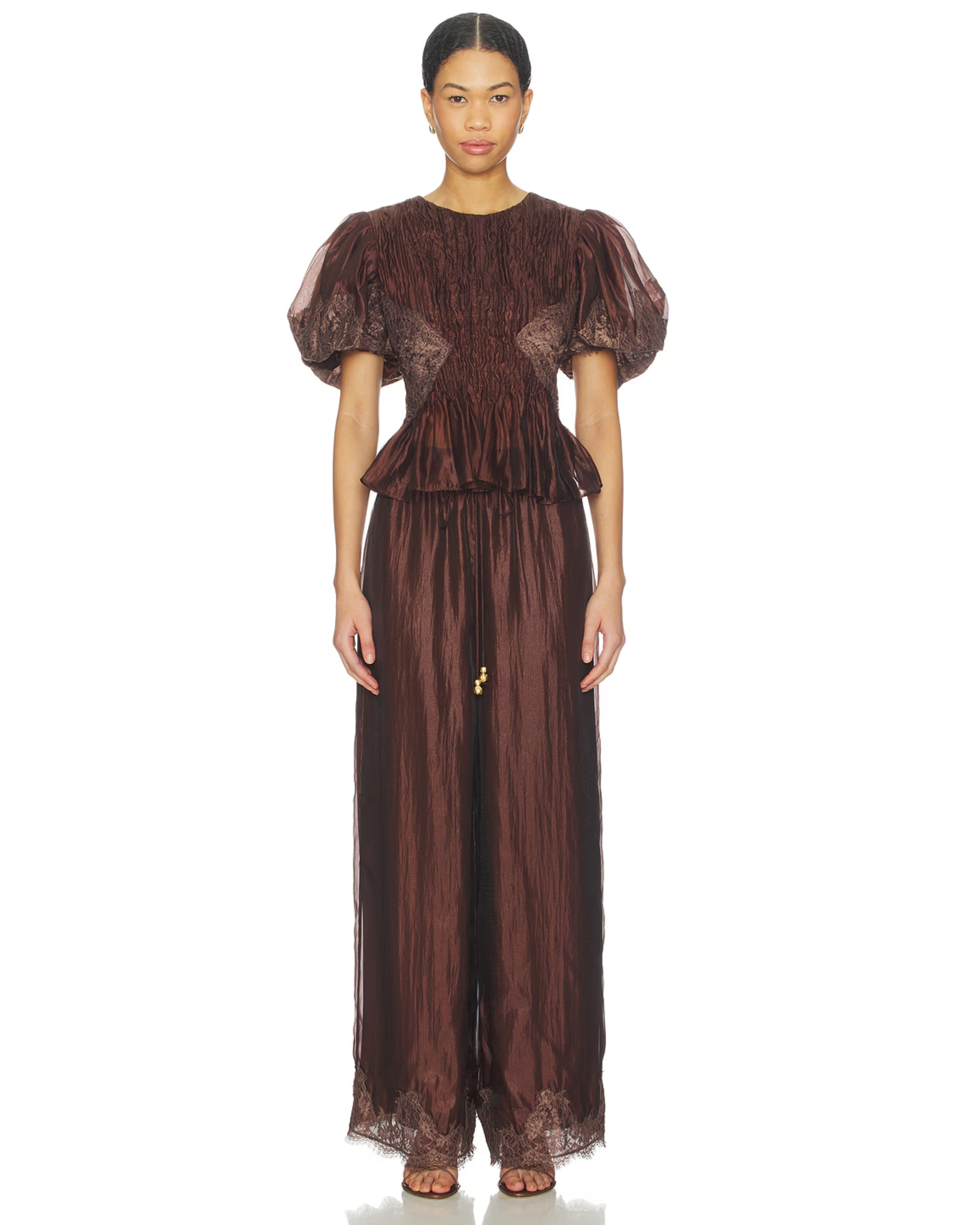 Burgundy Ophelia lace top and pants set with puffed sleeves and pleated details — Aje | Endless UAE