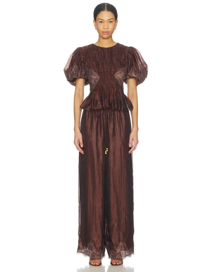 Burgundy Ophelia lace top and pants set with puffed sleeves and pleated details — Aje | Endless UAE