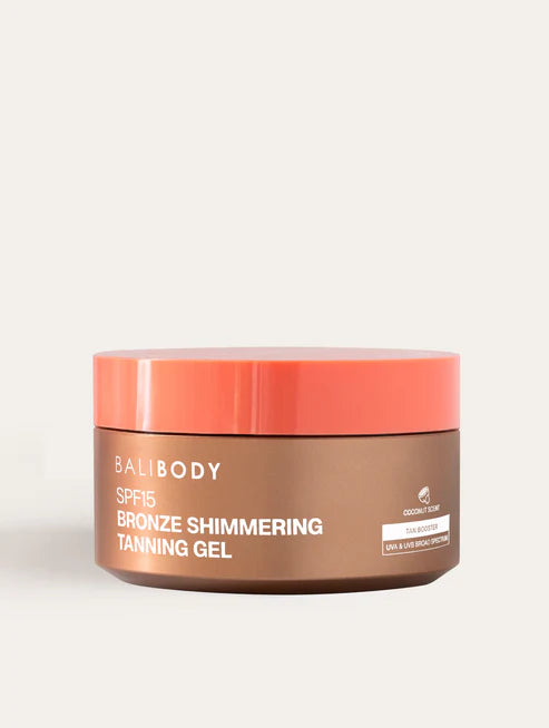 Bronze Shimmering Tanning Gel SPF15 jar with coral lid — Bali Body | Endless UAE