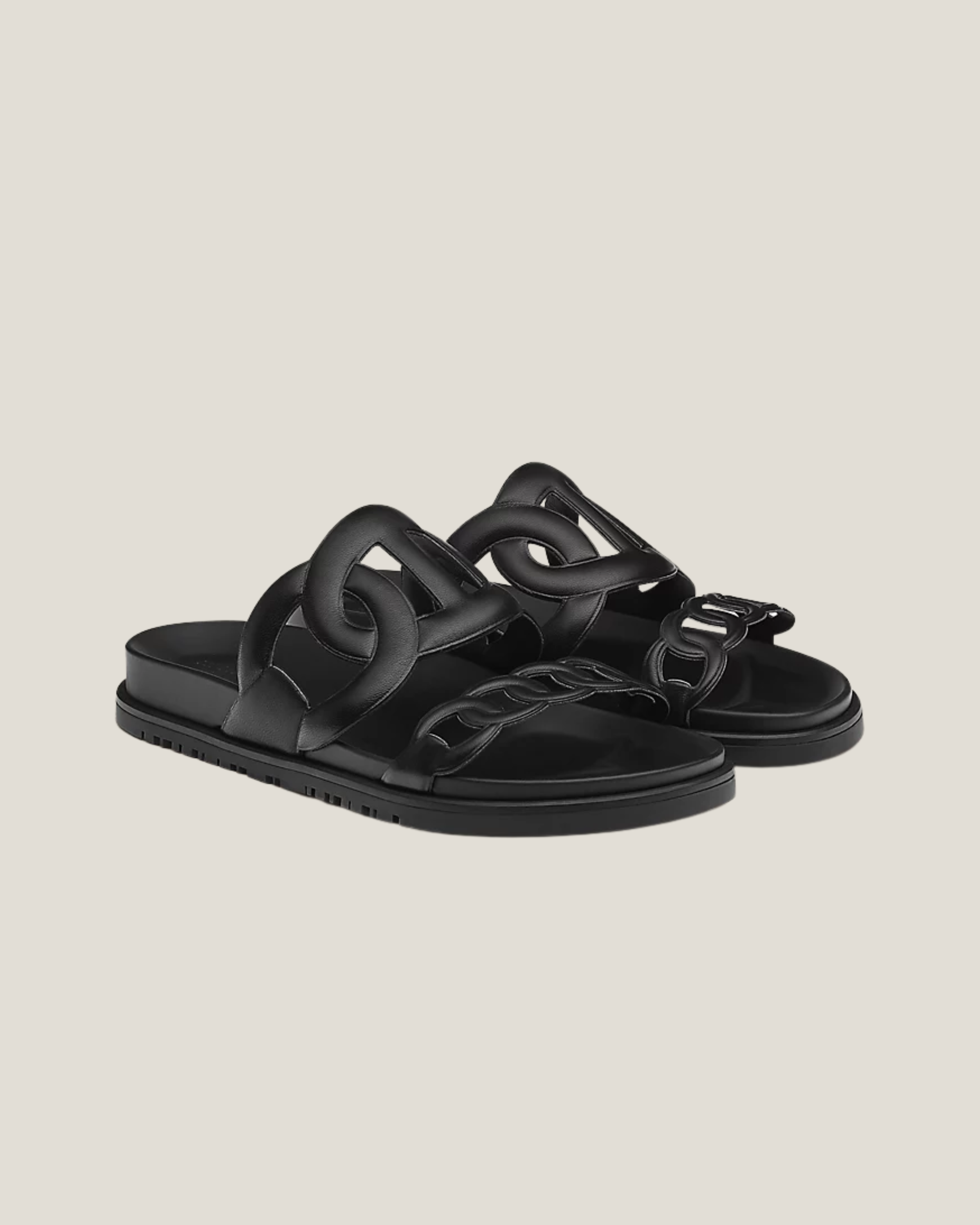 Black leather Techno Sandal with cutout straps and flat sole — Hermes | Endless UAE