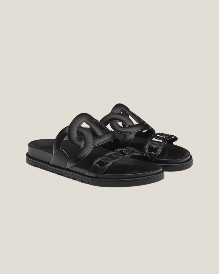 Black leather Techno Sandal with cutout straps and flat sole — Hermes | Endless UAE