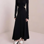 Black long-sleeve wrap midi dress with cutout details and white slide sandals — A.L.C | Endless UAE