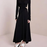 Black long-sleeve wrap midi dress with cutout details and white slide sandals — A.L.C | Endless UAE