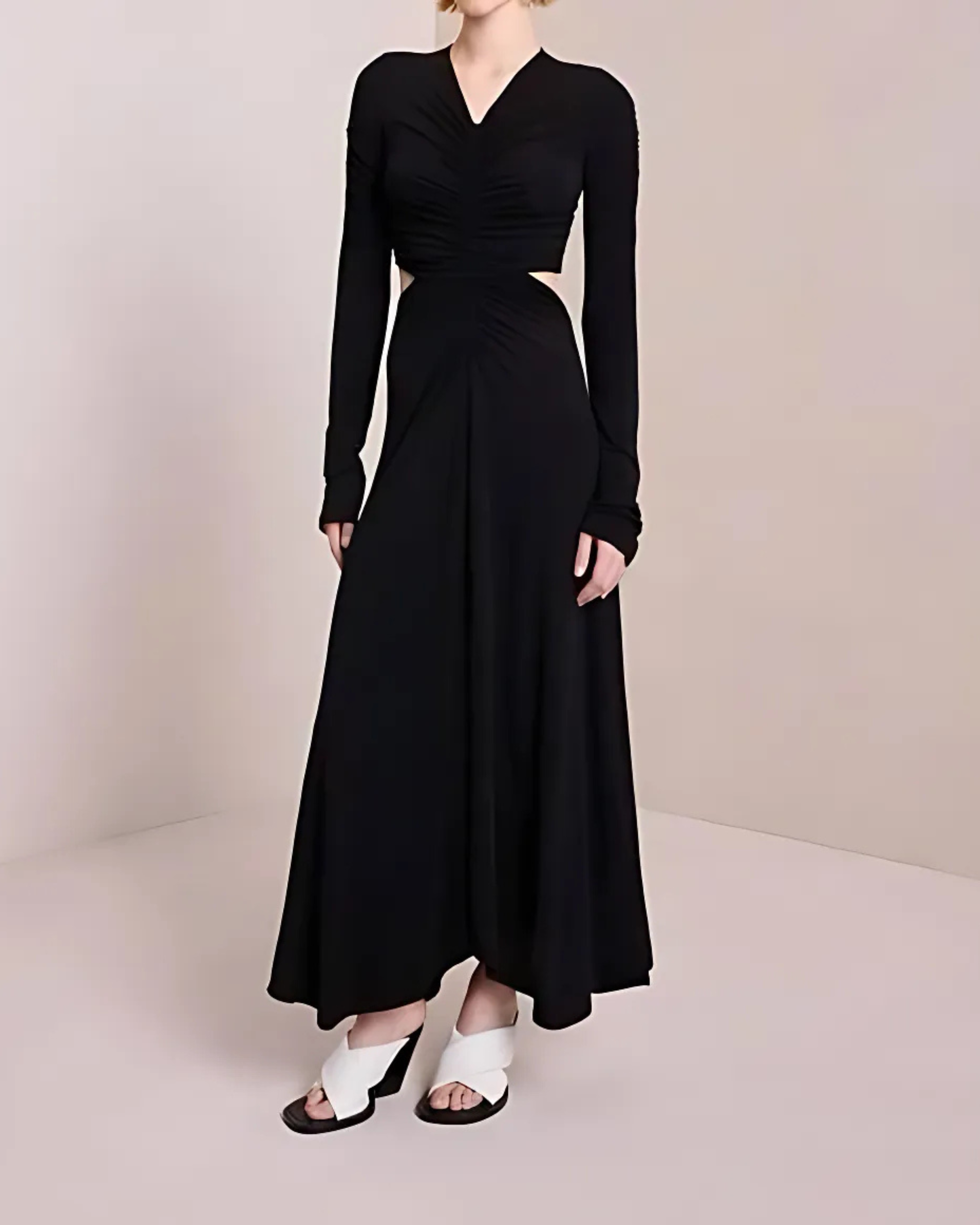 Black long-sleeve wrap midi dress with cutout details and white slide sandals — A.L.C | Endless UAE