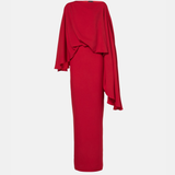 Red evening gown with dramatic asymmetric cape overlay and form-fitting silhouette — Taller Marmo | Endless UAE