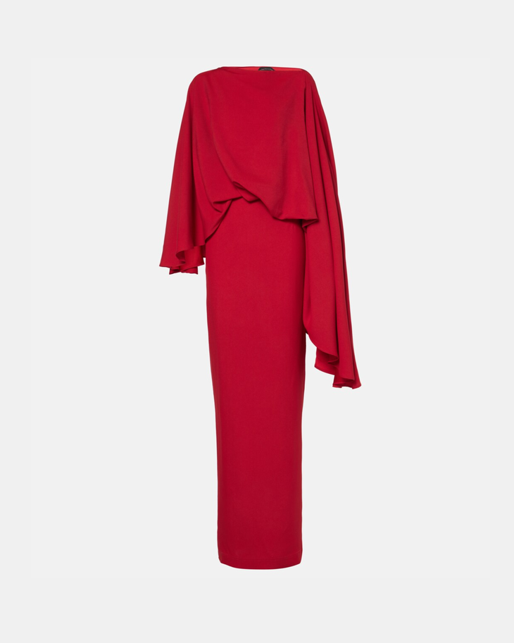 Red evening gown with dramatic asymmetric cape overlay and form-fitting silhouette — Taller Marmo | Endless UAE