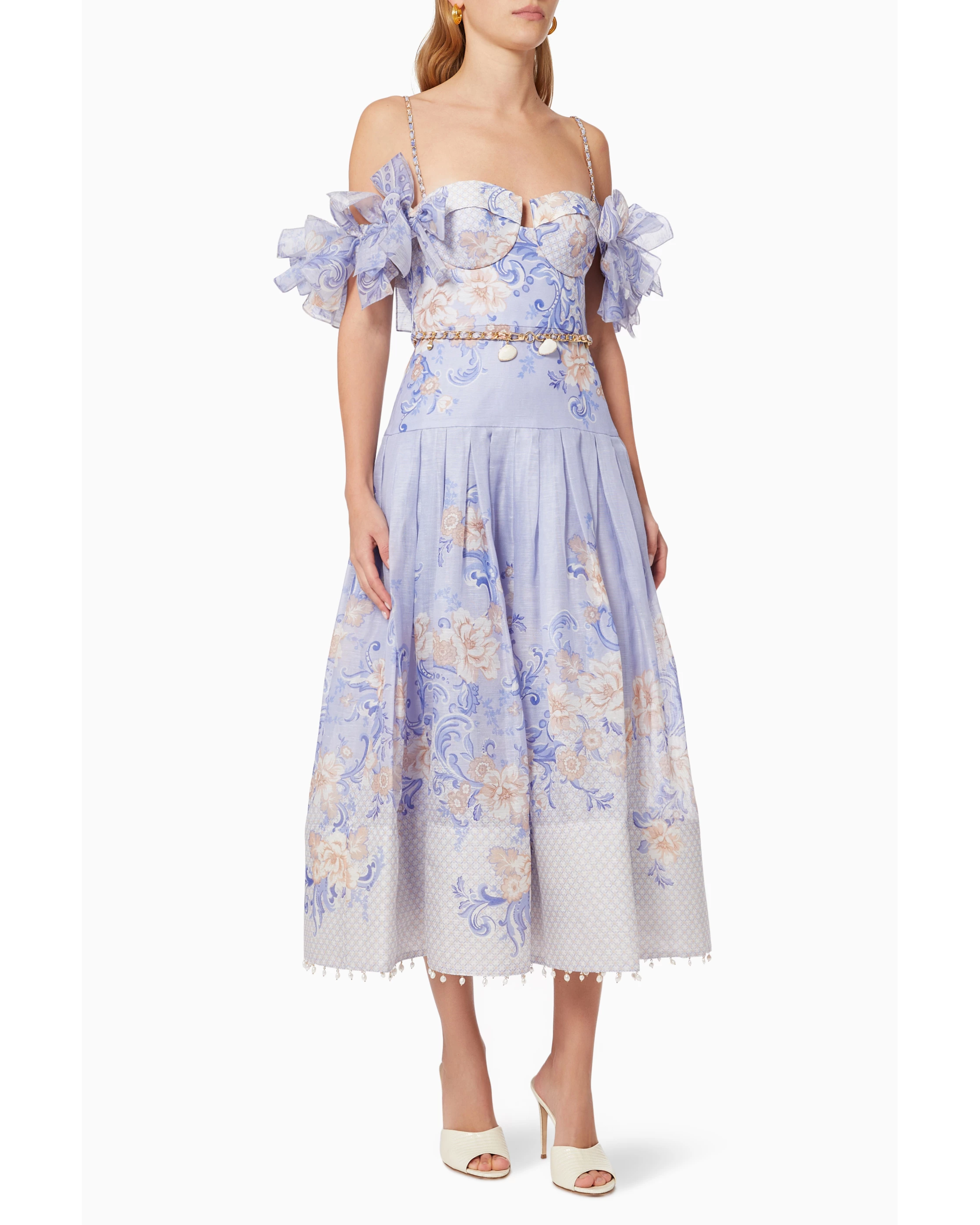 Postcard Bow Bodice Dress in lavender floral print with cold-shoulder design — Zimmermann | Endless UAE