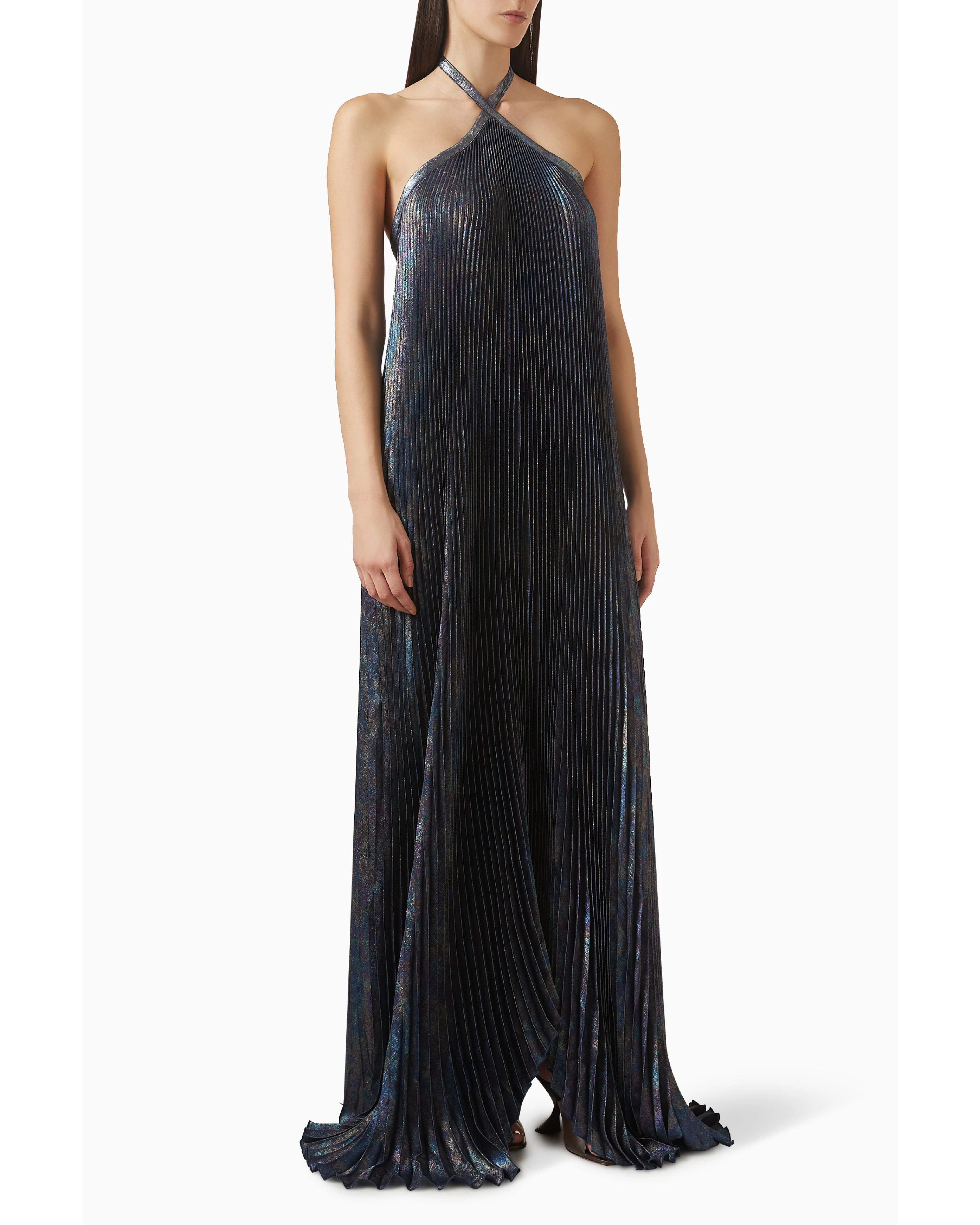Deesse Halterneck Gown in midnight blue pleated fabric with dramatic train — L'IDÉE | Endless UAE