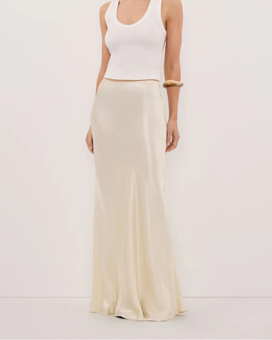 Charli Satin Maxi Skirt in cream worn with matching top — Dissh | Endless UAE
