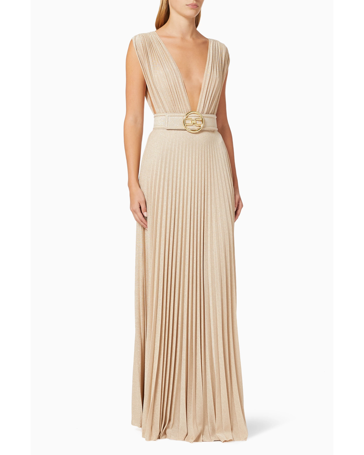 Champagne pleated maxi dress with plunging V-neckline and gold belt buckle detail — Elisabetta Franchi | Endless UAE