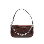 Dark brown croc-embossed mini shoulder bag with chain detail held in hand — By Far | Endless UAE