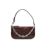 Dark brown croc-embossed mini shoulder bag with chain detail held in hand — By Far | Endless UAE