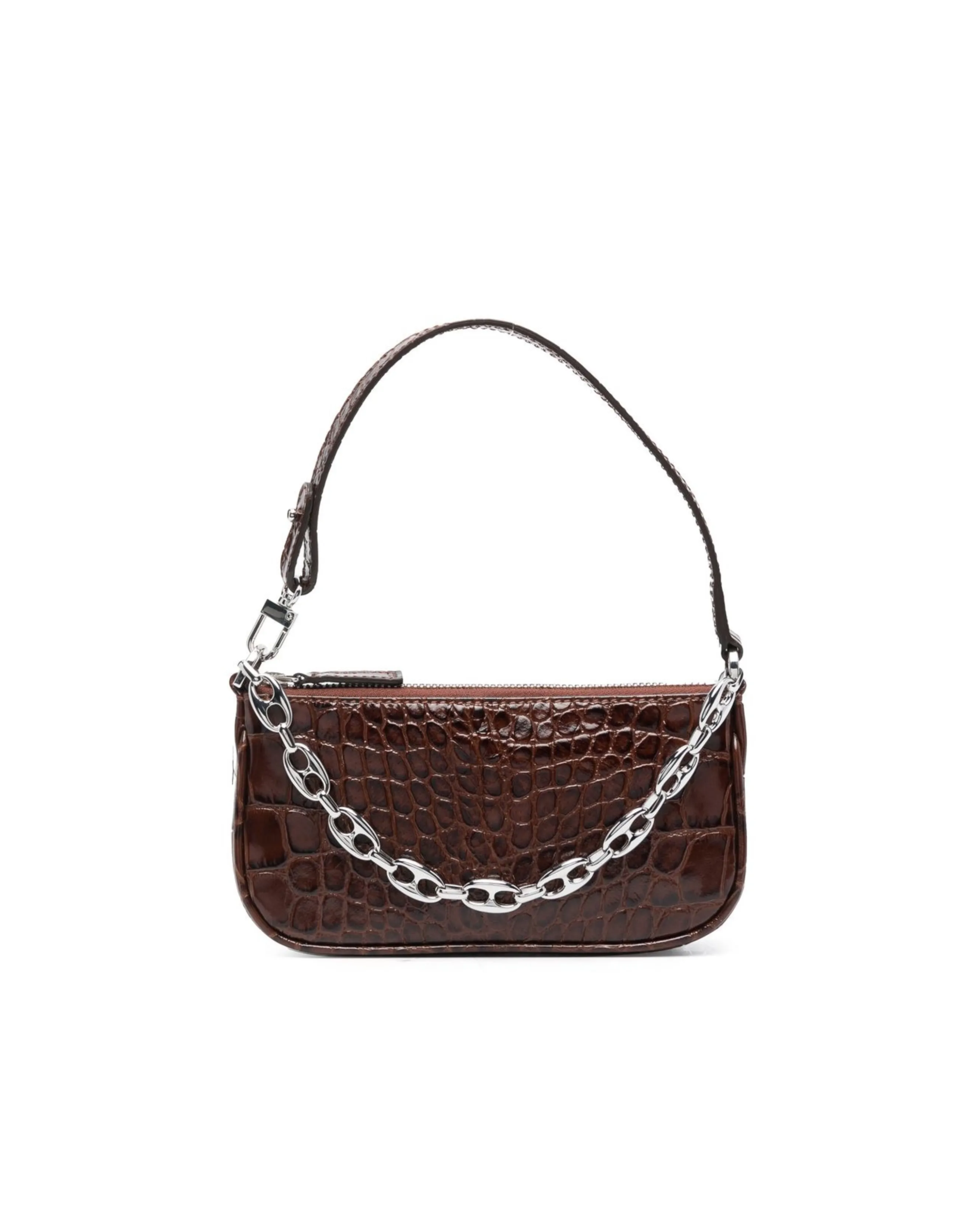 Dark brown croc-embossed mini shoulder bag with chain detail held in hand — By Far | Endless UAE