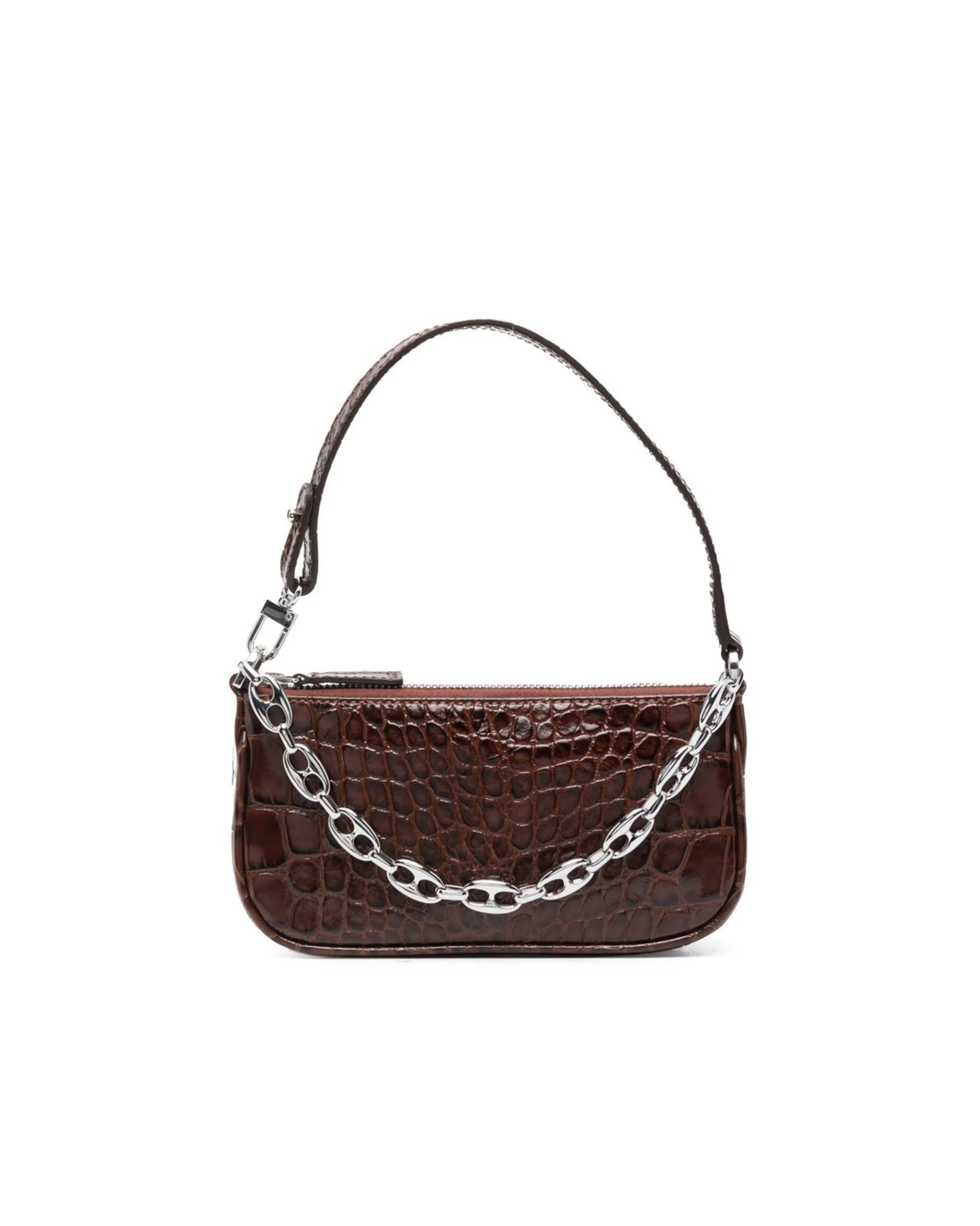 Dark brown croc-embossed mini shoulder bag with chain detail held in hand — By Far | Endless UAE