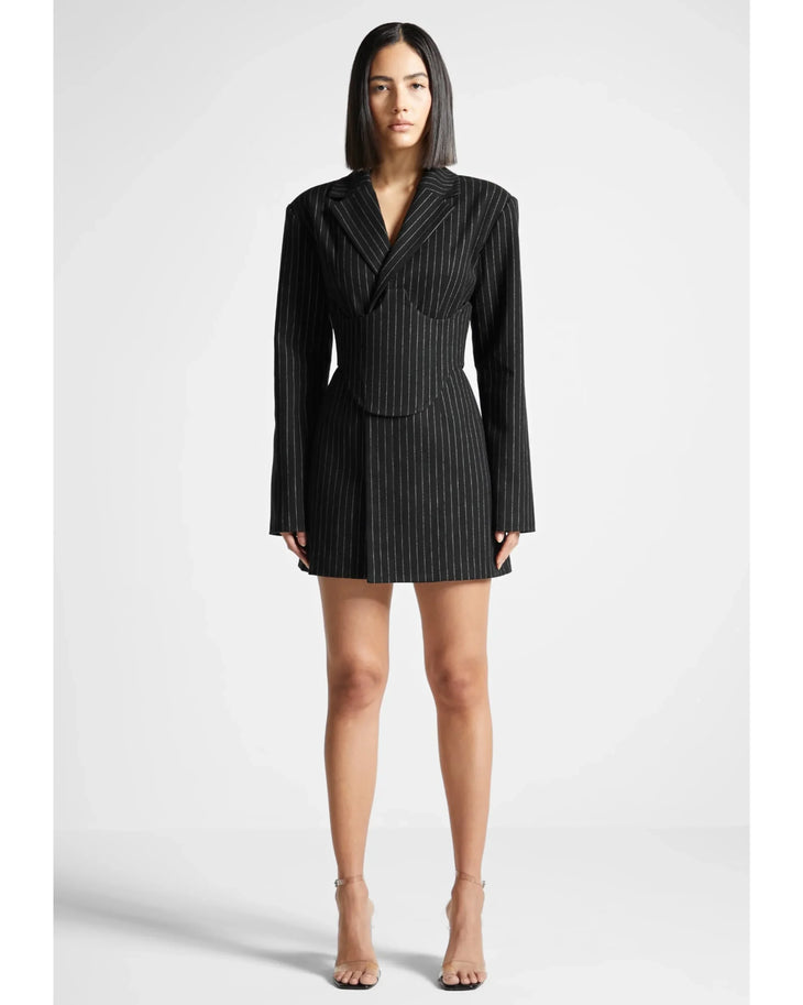 Black pinstripe blazer dress with reversible leather corset belt — Manière De Voir | Endless UAE