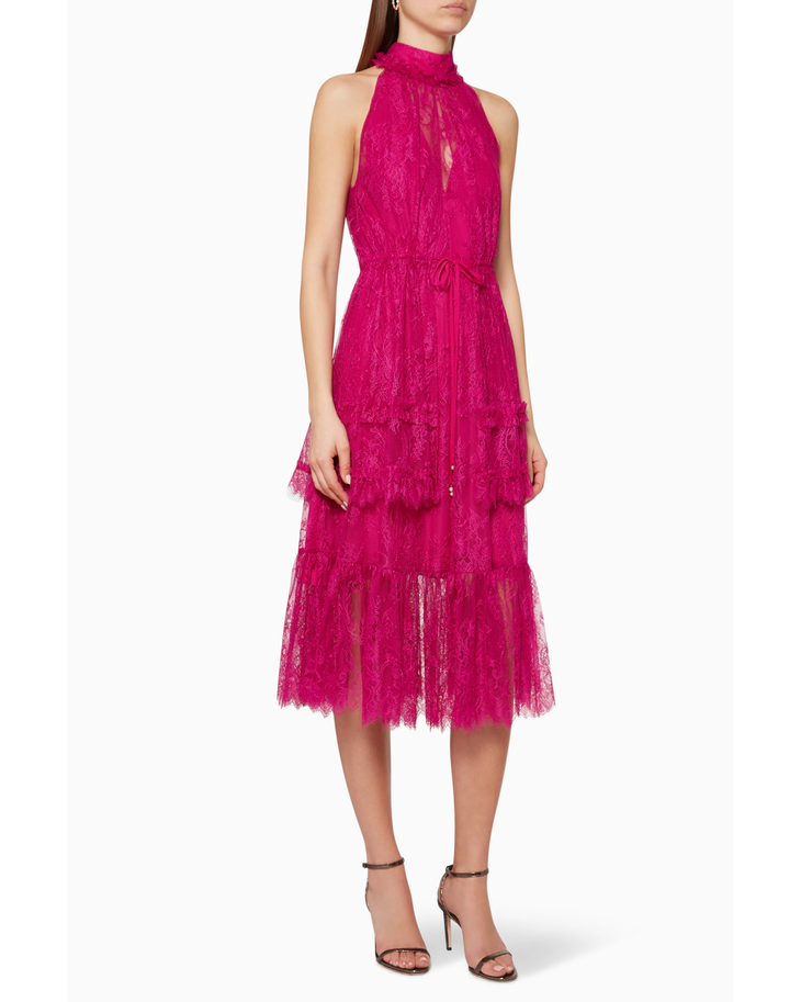 Magenta lace halter midi dress with tiered ruffle hem and bow waist detail — Alexis | Endless UAE