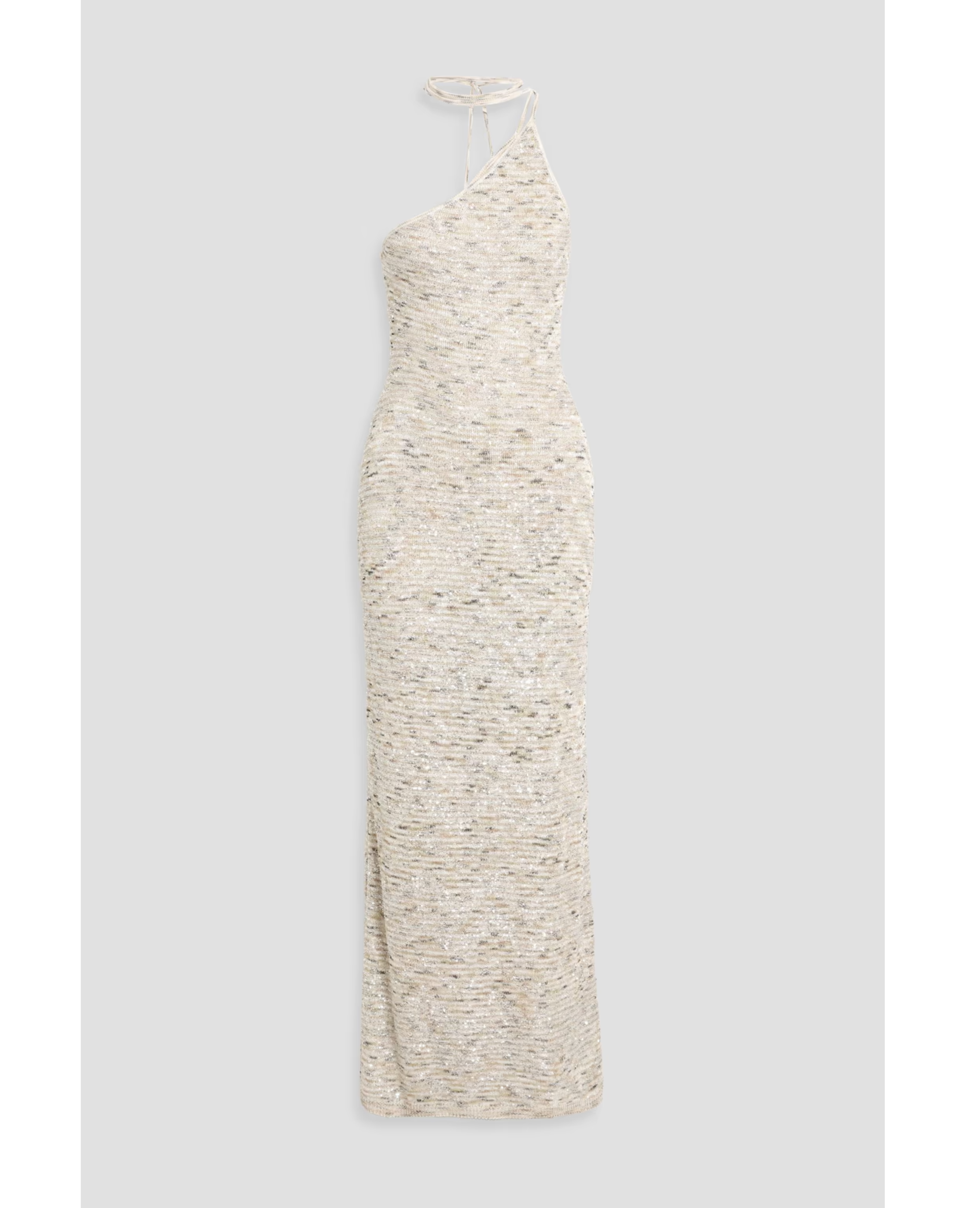 Cream sequin-embellished crochet-knit one-shoulder gown by Missoni — Endless UAE