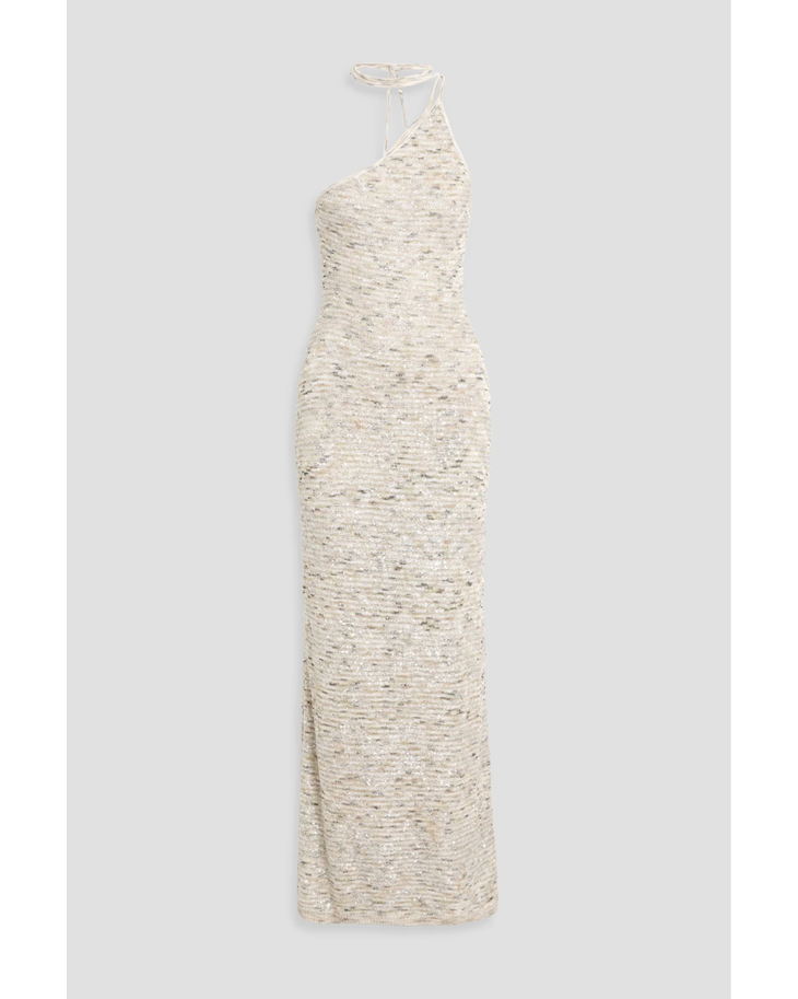 Cream sequin-embellished crochet-knit one-shoulder gown by Missoni — Endless UAE
