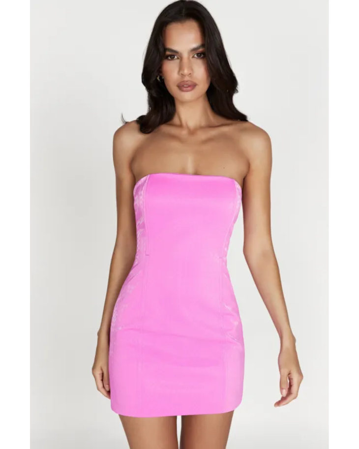 Strapless hot pink faux leather mini dress with fitted silhouette and crosshatch texture — Meshki | Endless UAE