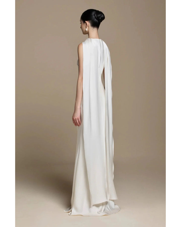 Venus Silk Dress in ivory with dramatic cape detailing, flowing silhouette — Huong Boutique | Endless UAE