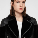Zola Lux Leather Biker Jacket in black with notch lapels and zip pockets — All Saints | Endless UAE