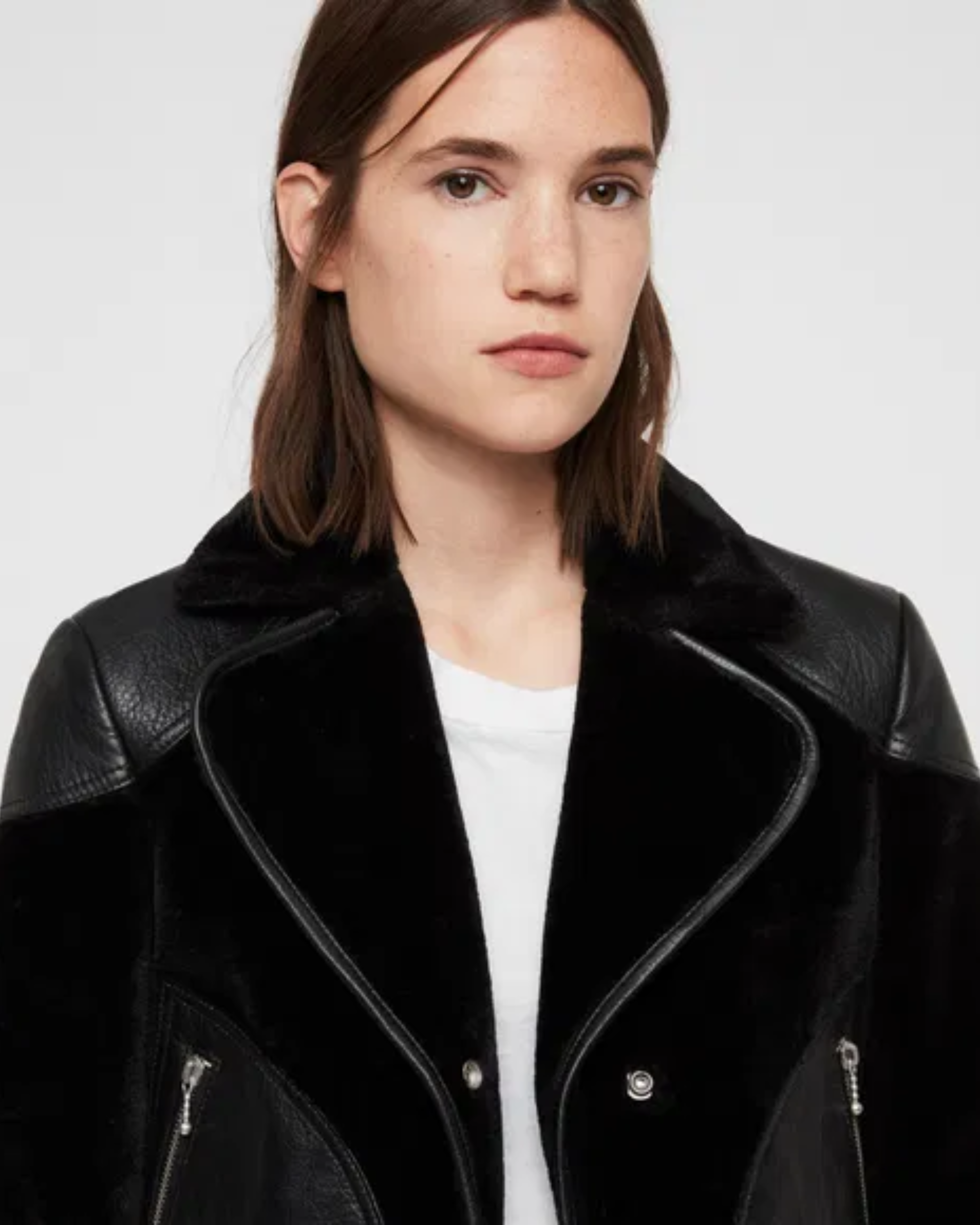 Zola Lux Leather Biker Jacket in black with notch lapels and zip pockets — All Saints | Endless UAE