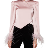 Limousine pink satin top with puffed shoulders and feather cuffs — De La Vali | Endless UAE