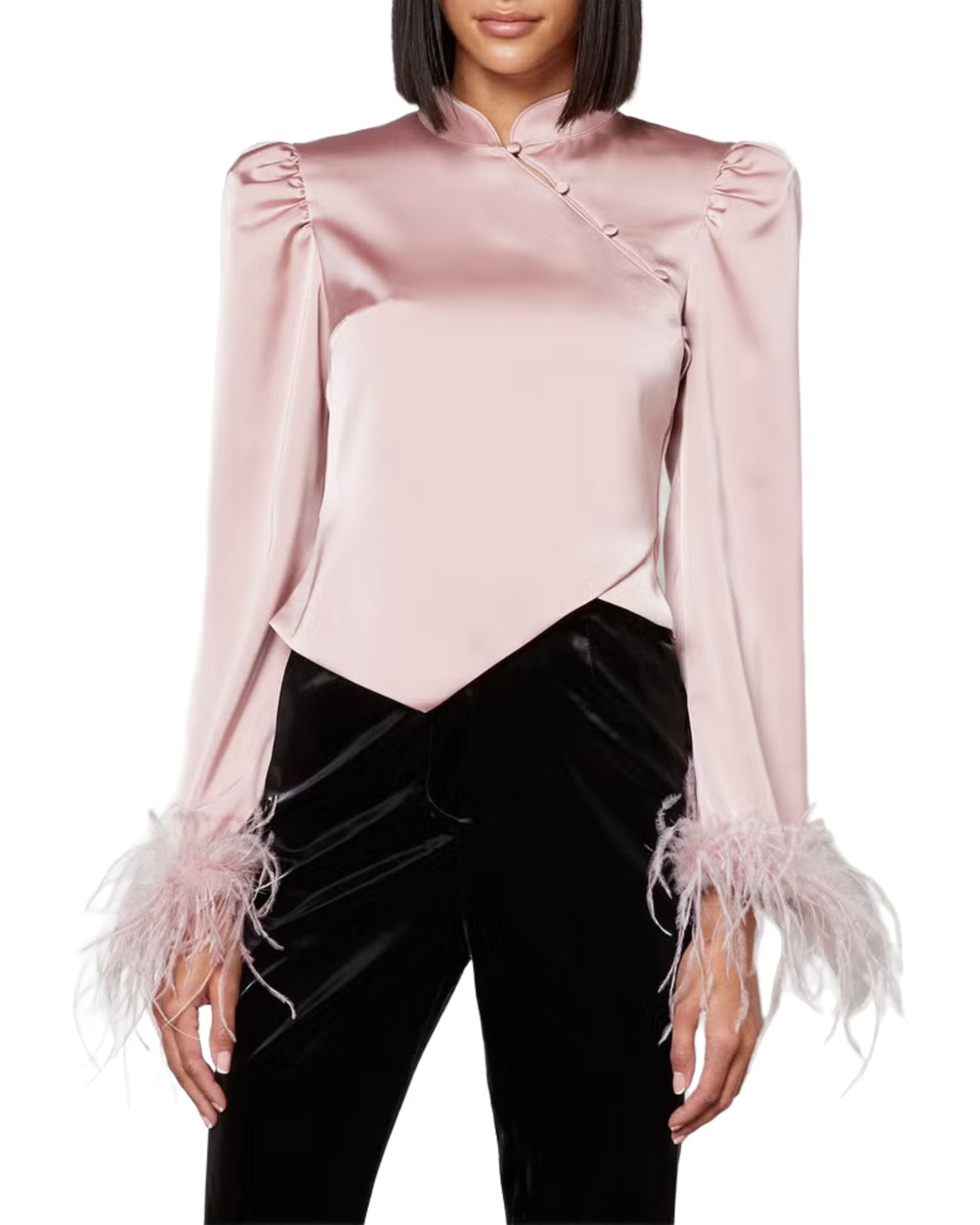 Limousine pink satin top with puffed shoulders and feather cuffs — De La Vali | Endless UAE
