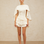 Lyna White Satin Dress with draped cape overlay and tiered skirt — Miss Rosier | Endless UAE