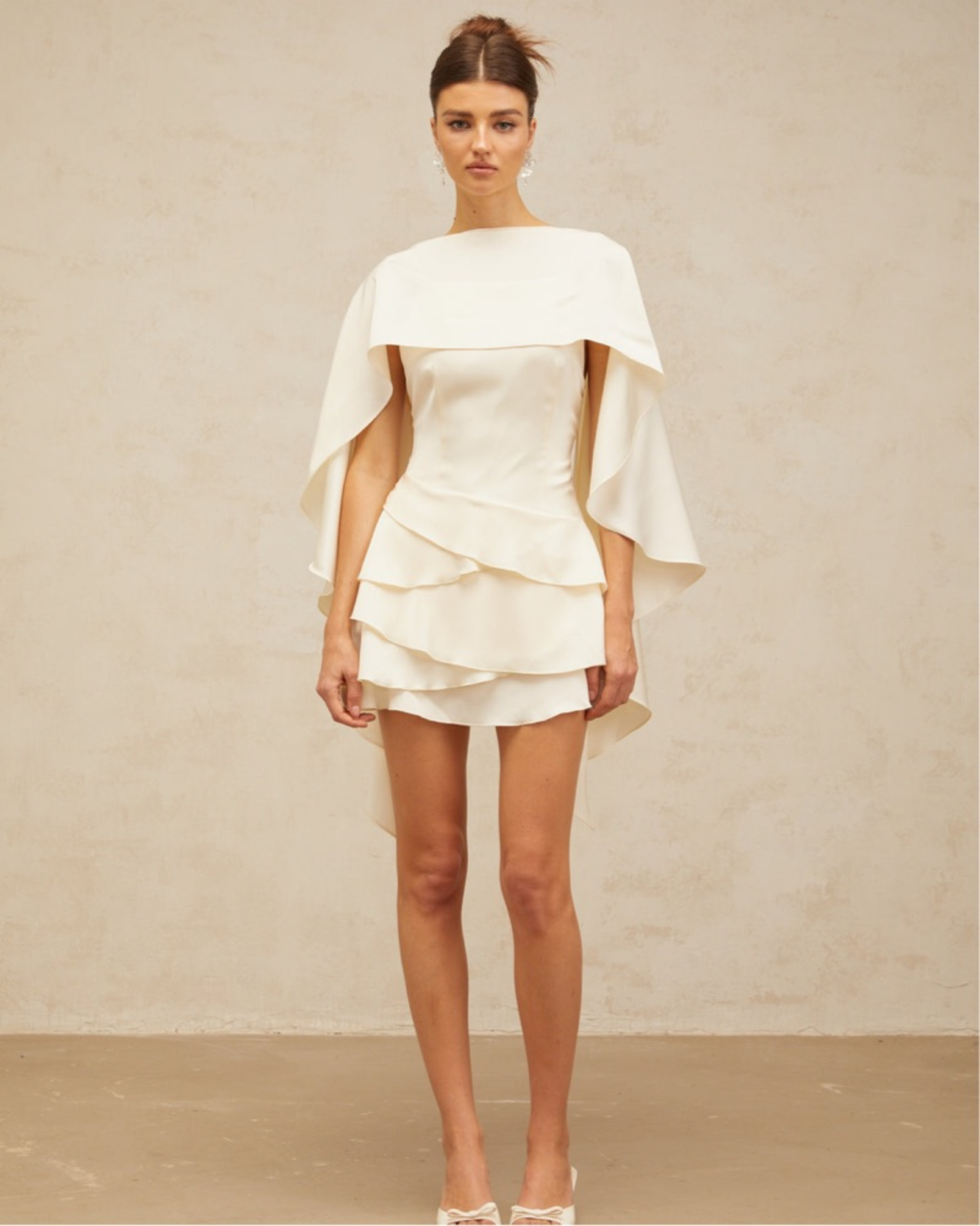 Lyna White Satin Dress with draped cape overlay and tiered skirt — Miss Rosier | Endless UAE