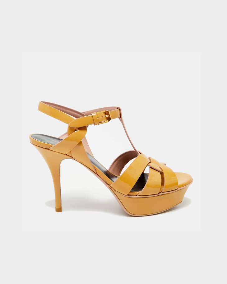 Yellow patent leather platform sandals with T-strap and high heel — Yves Saint Laurent | Endless UAE