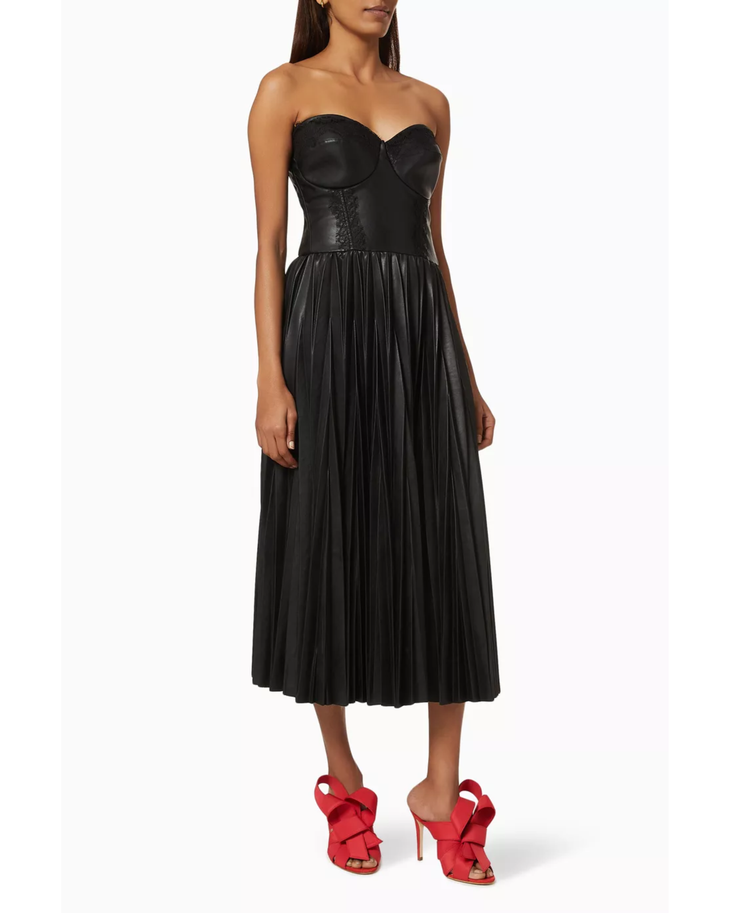 Black vegan leather strapless midi dress with pleated skirt and bustier bodice — Elisabetta Franchi | Endless UAE