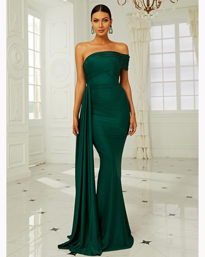 One Shoulder Ruched Draped Side Floor Length Formal Dress