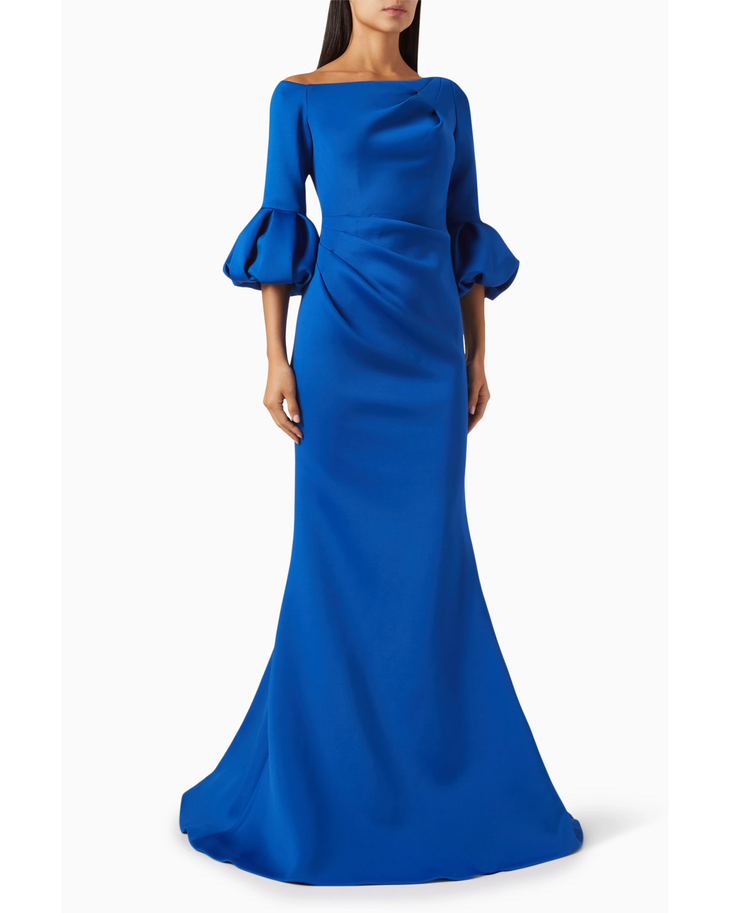 Royal Blue Off-Shoulder Gown with Puffed Sleeves — Jovani | Endless UAE