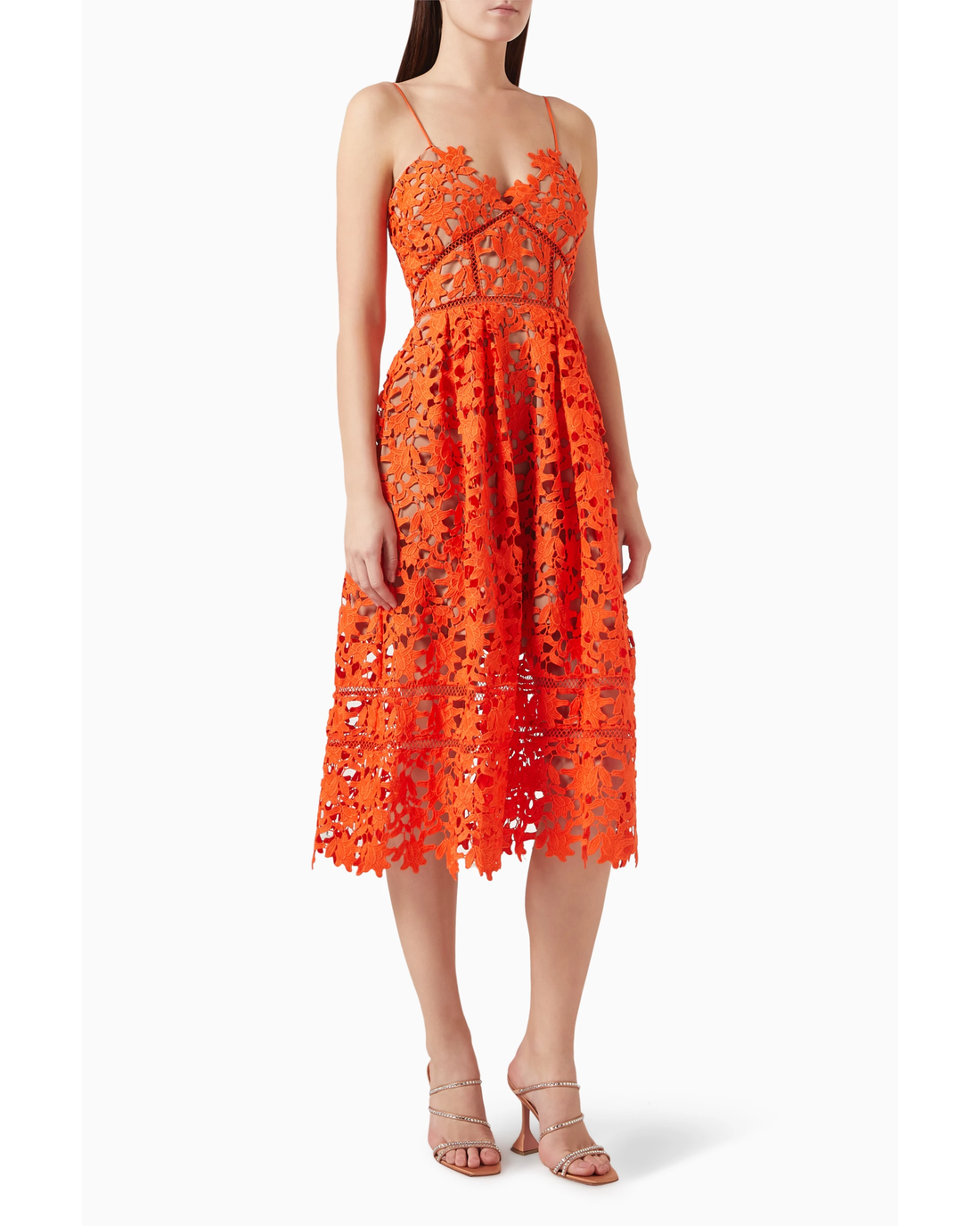 Woman wearing vibrant orange lace midi dress with thin straps and cutout details — Self-Portrait | Endless UAE