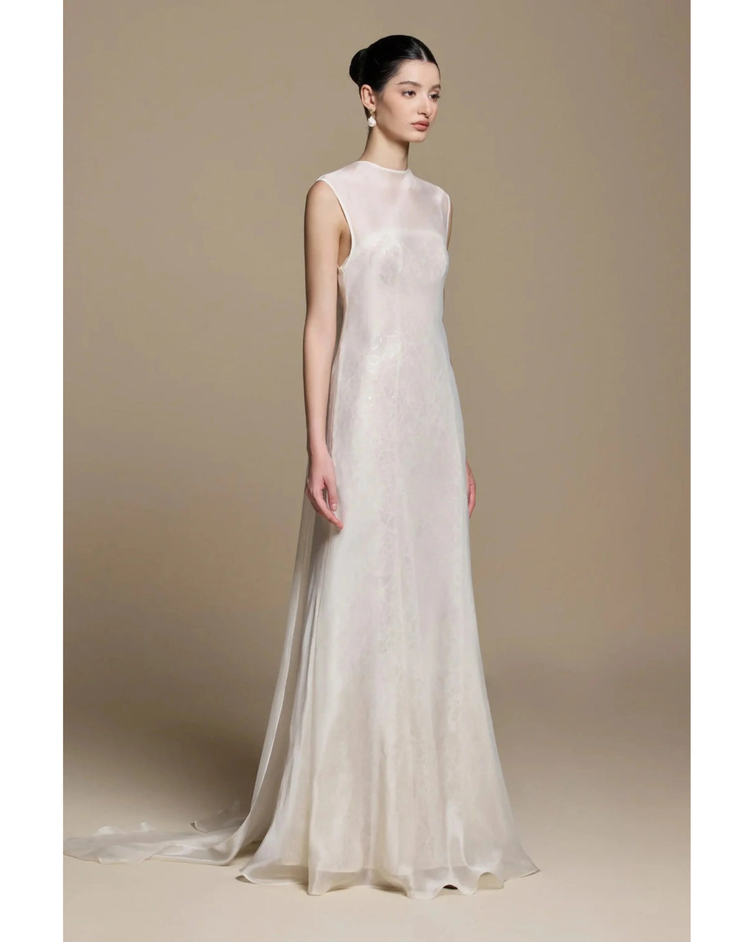 Merrily Dress in ivory silk with sleeveless design and flowing train — Huong Boutique | Endless UAE