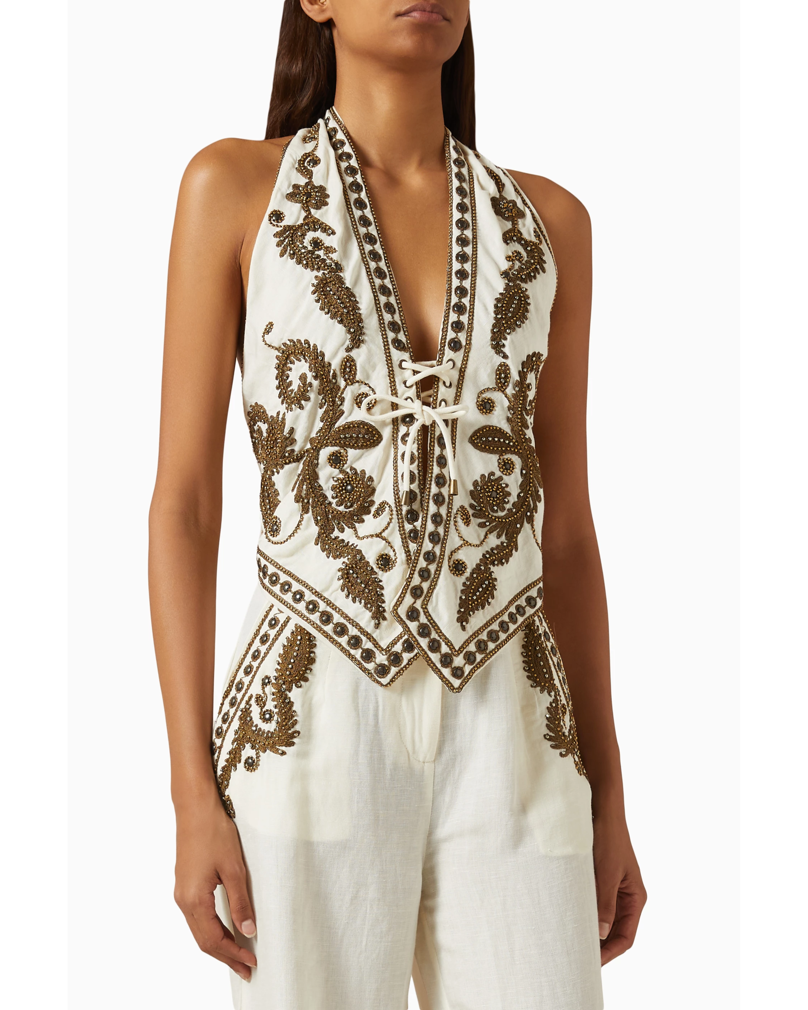 Taylen Embroidered Co-ord Set in cream with gold embroidery — Scarlet Poppies | Endless UAE