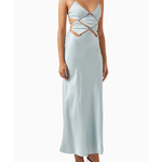 Light blue satin maxi dress with diamond cutout details at waist and thin adjustable straps — Bec & Bridge | Endless UAE