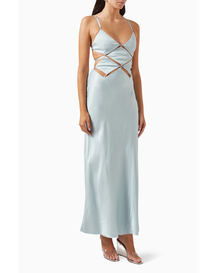 Light blue satin maxi dress with diamond cutout details at waist and thin adjustable straps — Bec & Bridge | Endless UAE