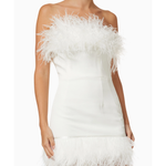 White off-shoulder feather mini dress with structured bodice and feathered hem — Bronx & Branco | Endless UAE