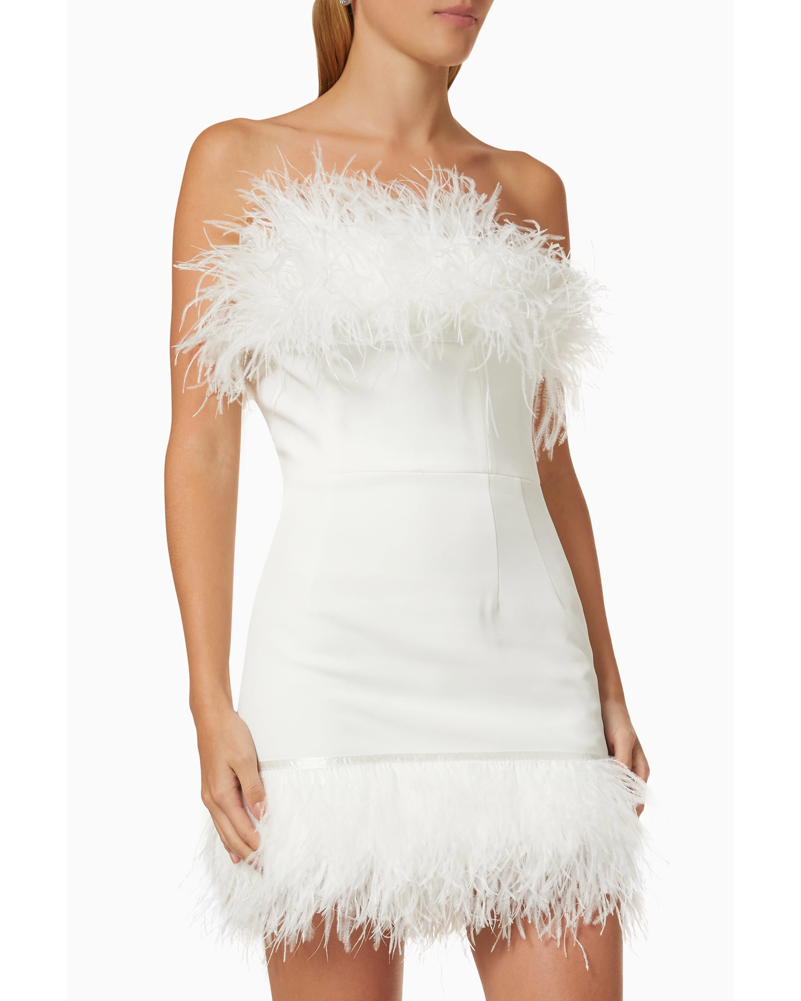 White off-shoulder feather mini dress with structured bodice and feathered hem — Bronx & Branco | Endless UAE