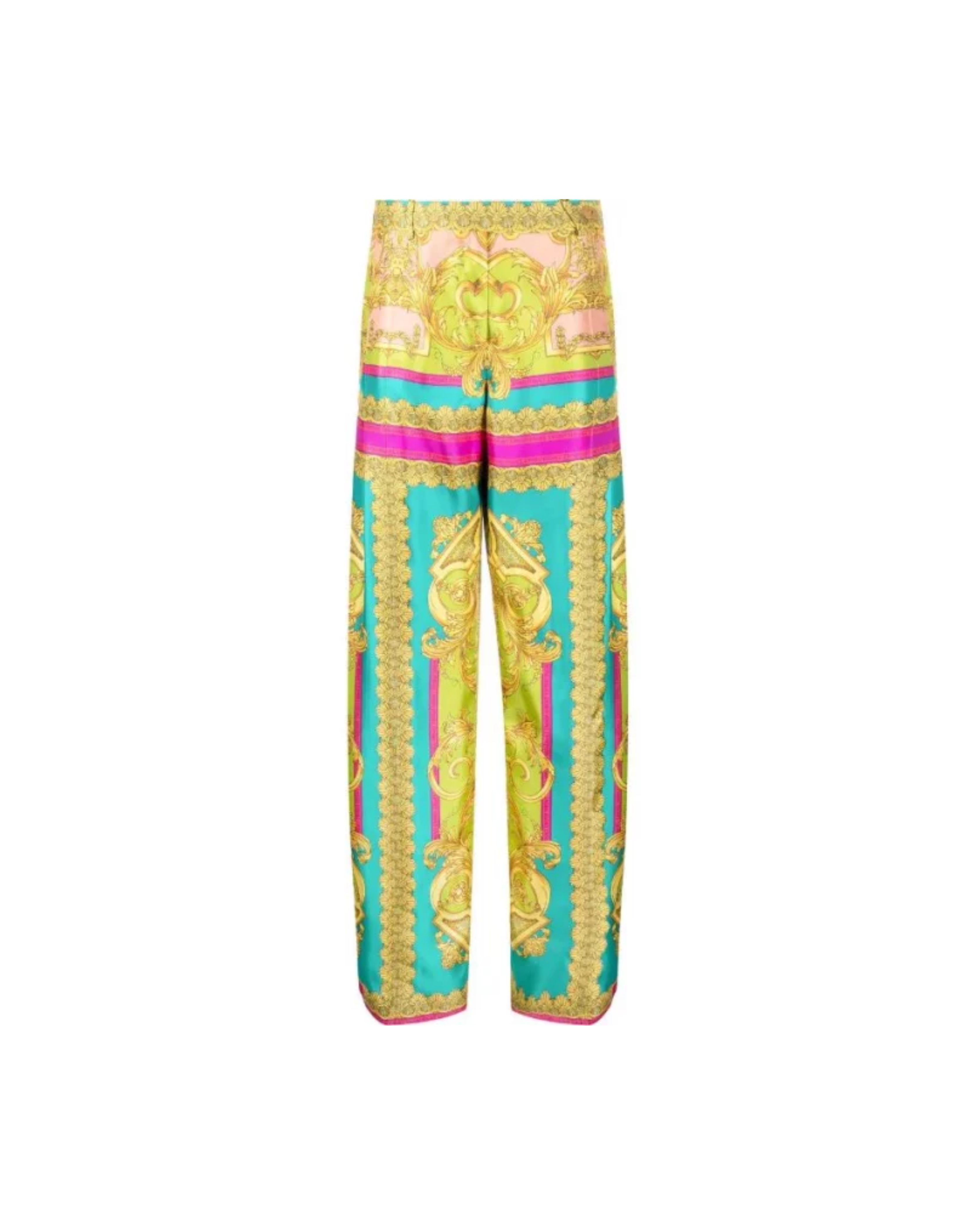 Barocco Goddess Silk Trousers in yellow, turquoise and magenta — Versace | Endless UAE