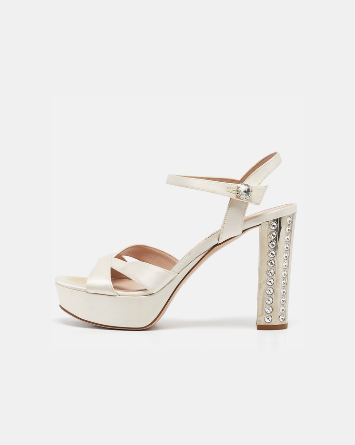 Cream satin platform sandals with crystal-embellished heel — Miu Miu | Endless UAE