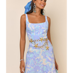 Sleeveless mini dress in pastel blue and lilac abstract shell print with square neckline and fitted silhouette — Rixo | Endless UAE
