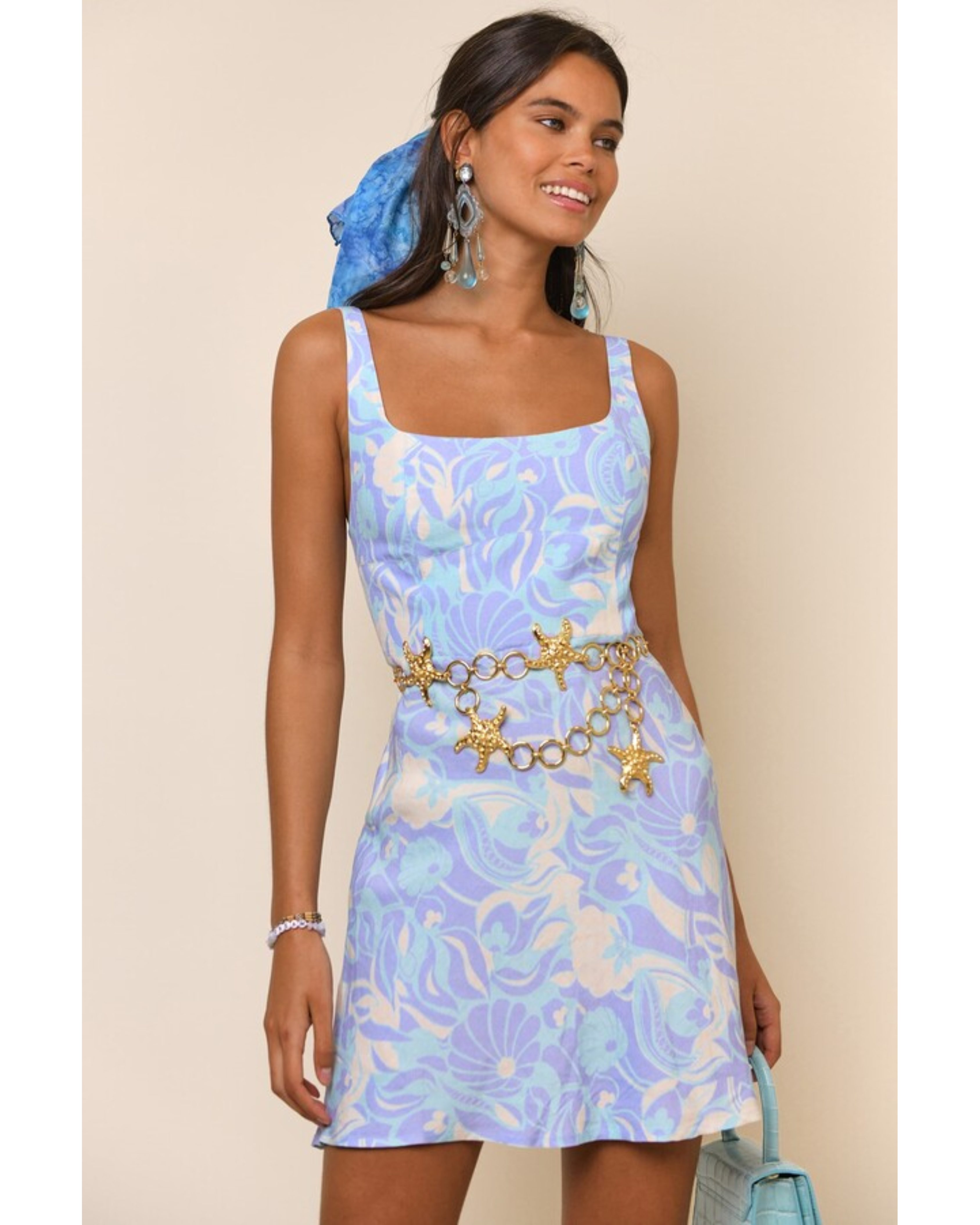 Sleeveless mini dress in pastel blue and lilac abstract shell print with square neckline and fitted silhouette — Rixo | Endless UAE