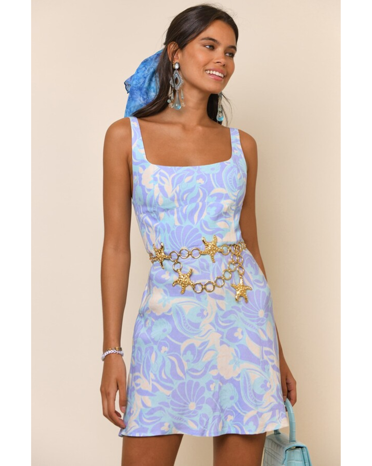 Sleeveless mini dress in pastel blue and lilac abstract shell print with square neckline and fitted silhouette — Rixo | Endless UAE