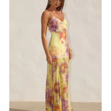 Tulia Low Back Maxi Dress in yellow and purple tie-dye print — Runaway The Label | Endless UAE
