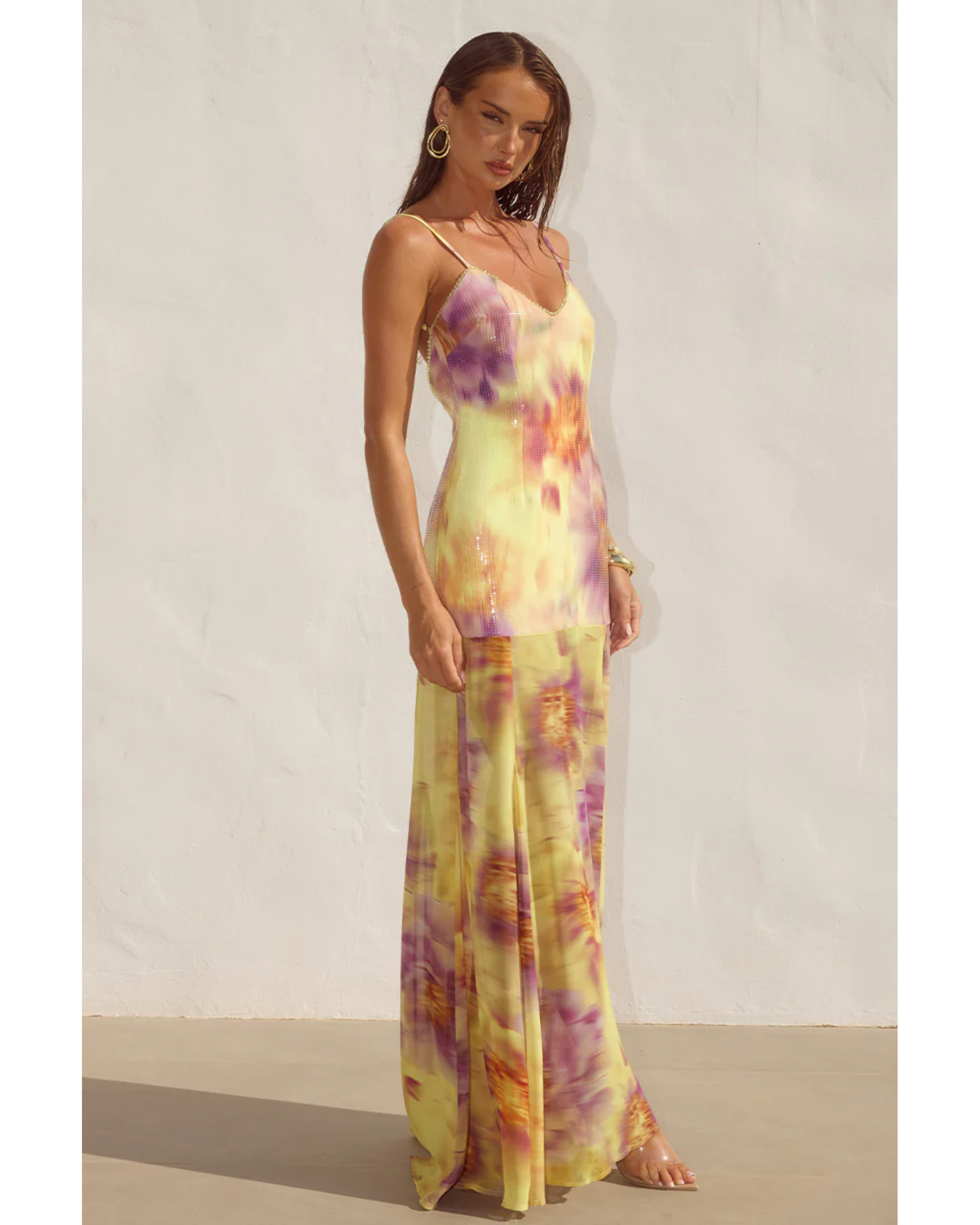Tulia Low Back Maxi Dress in yellow and purple tie-dye print — Runaway The Label | Endless UAE