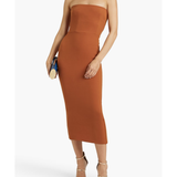 Woman modeling a rust-colored strapless stretch-crepe midi dress with strappy sandals — Alex Perry | Endless UAE